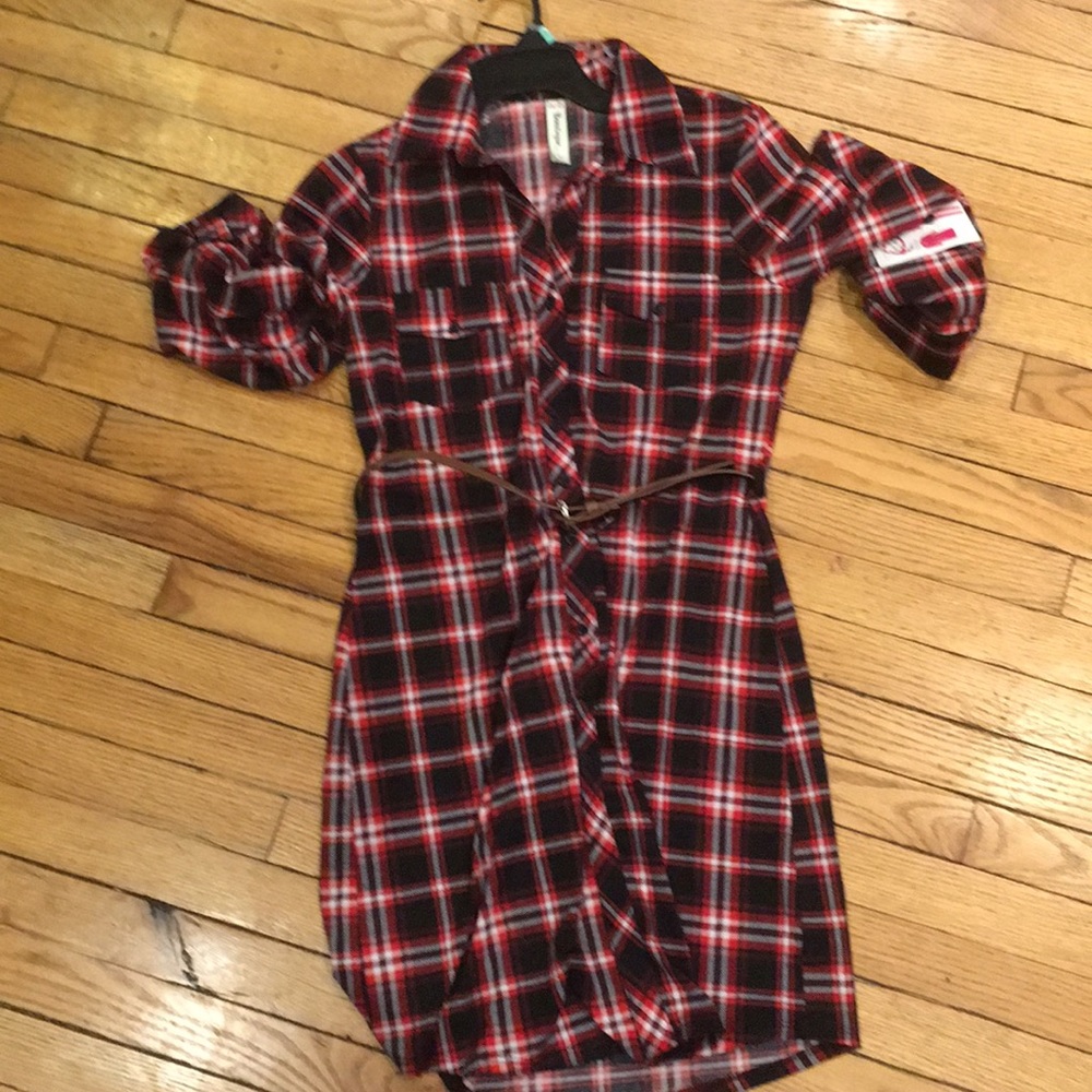Woman's belted red/black/white plaid dress